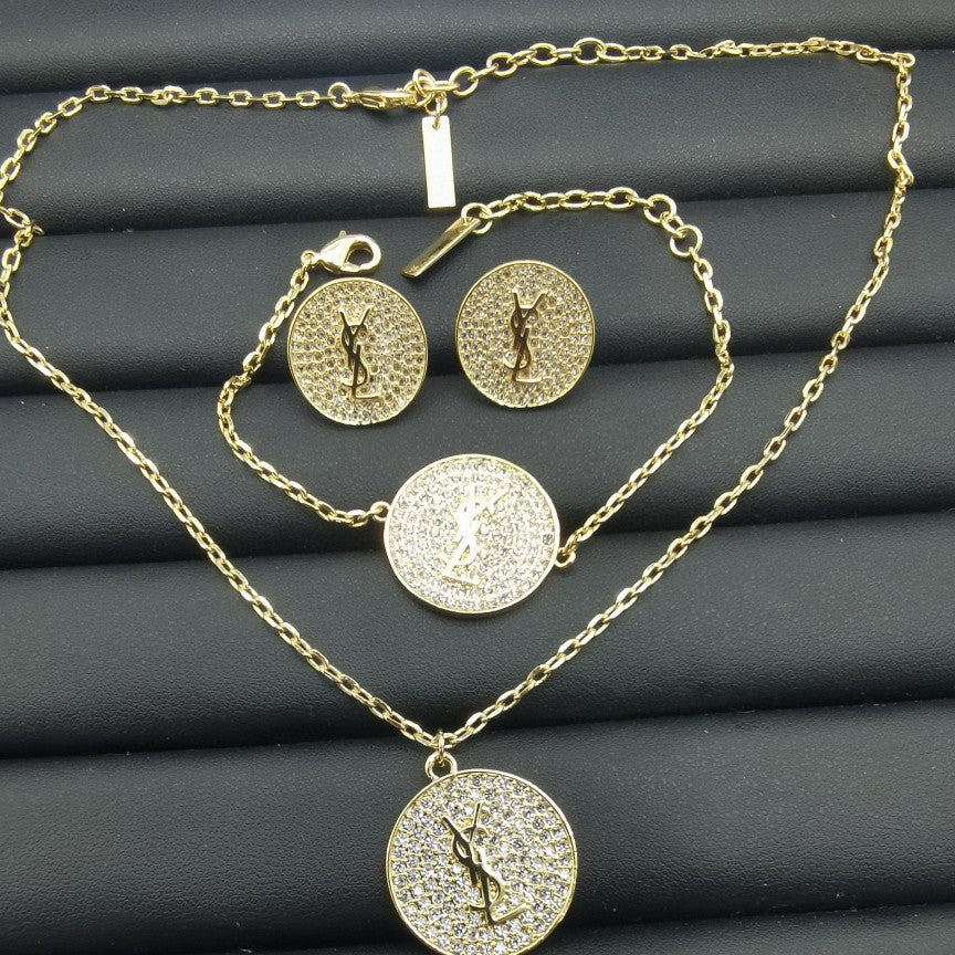 YSL Style Engraved Logo Disc Earrings, Bracelet, and Necklace Set