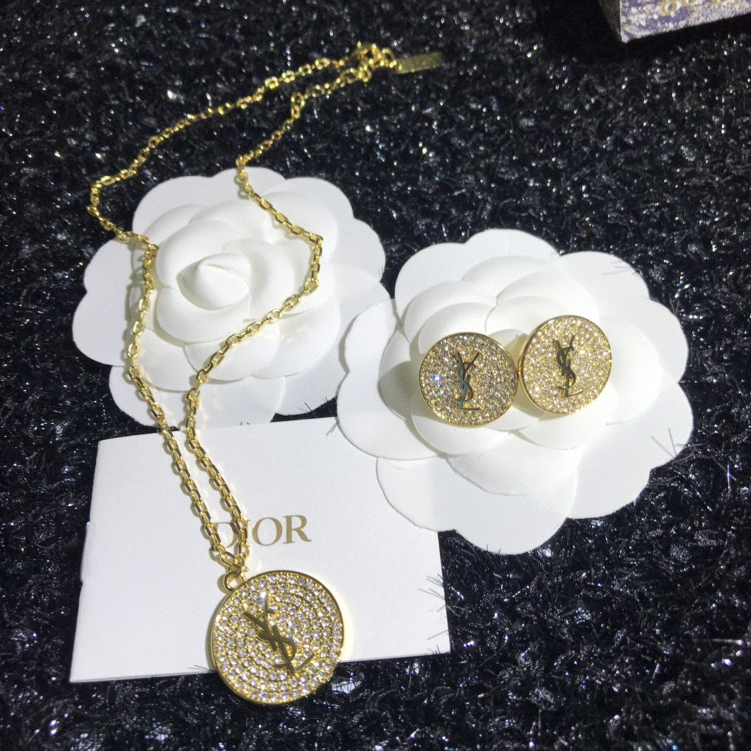 YSL Style Engraved Logo Disc Earrings, Bracelet, and Necklace Set