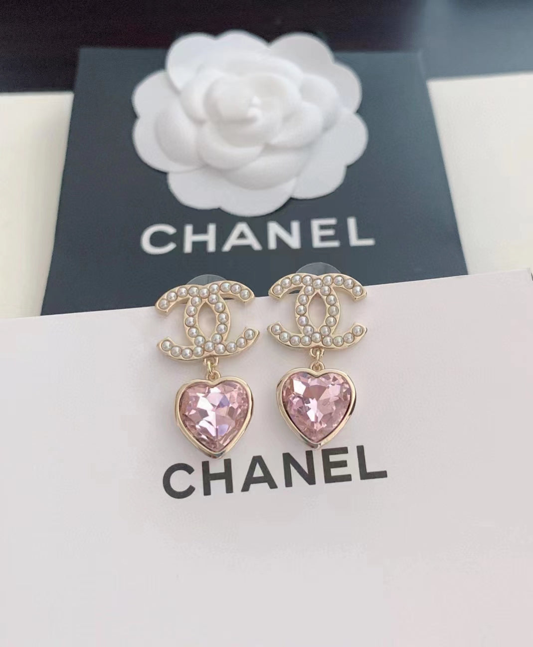 Chanel-style Pearl Logo and Pink Heart Pendant Earrings - High