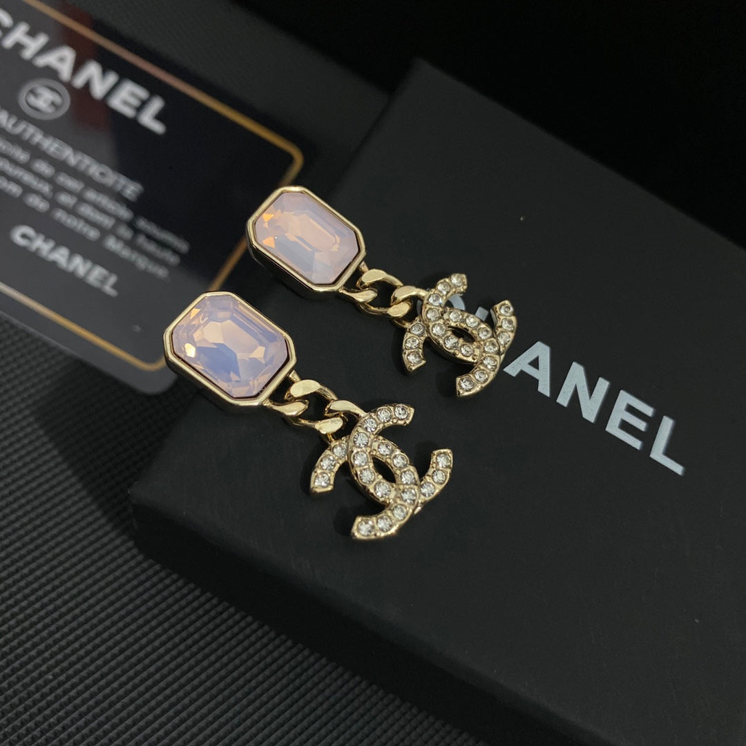 High-Quality Chanel-style Pink Stone and Zircon Logo Dangle