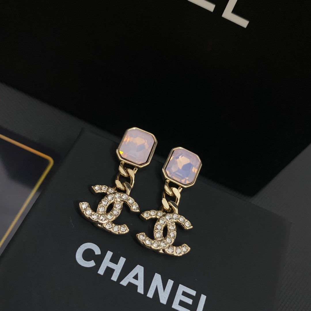 High-Quality Chanel-style Pink Stone and Zircon Logo Dangle