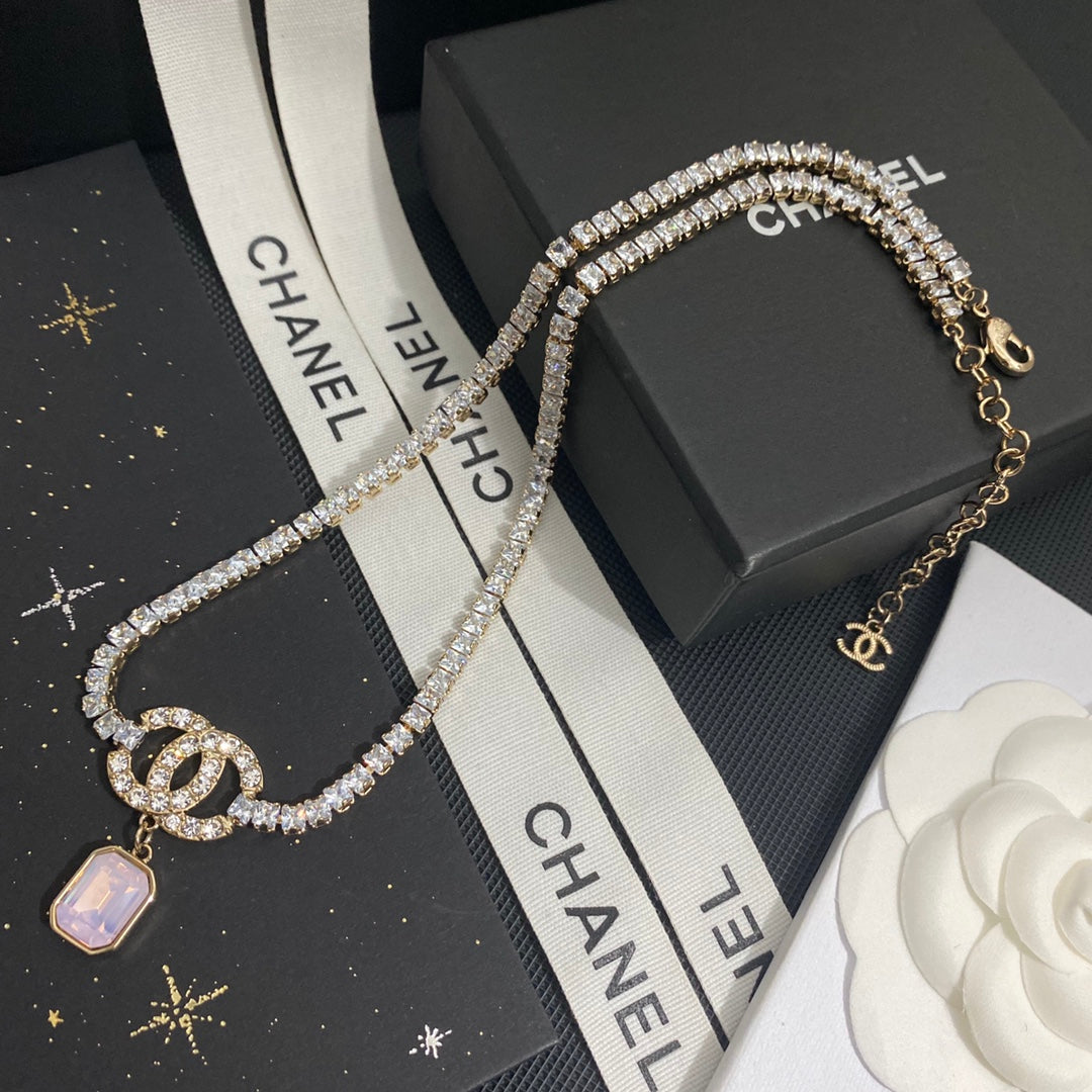 Chanel-inspired Pink Stone and Zircon Logo Pendant Necklace – El blin-blín