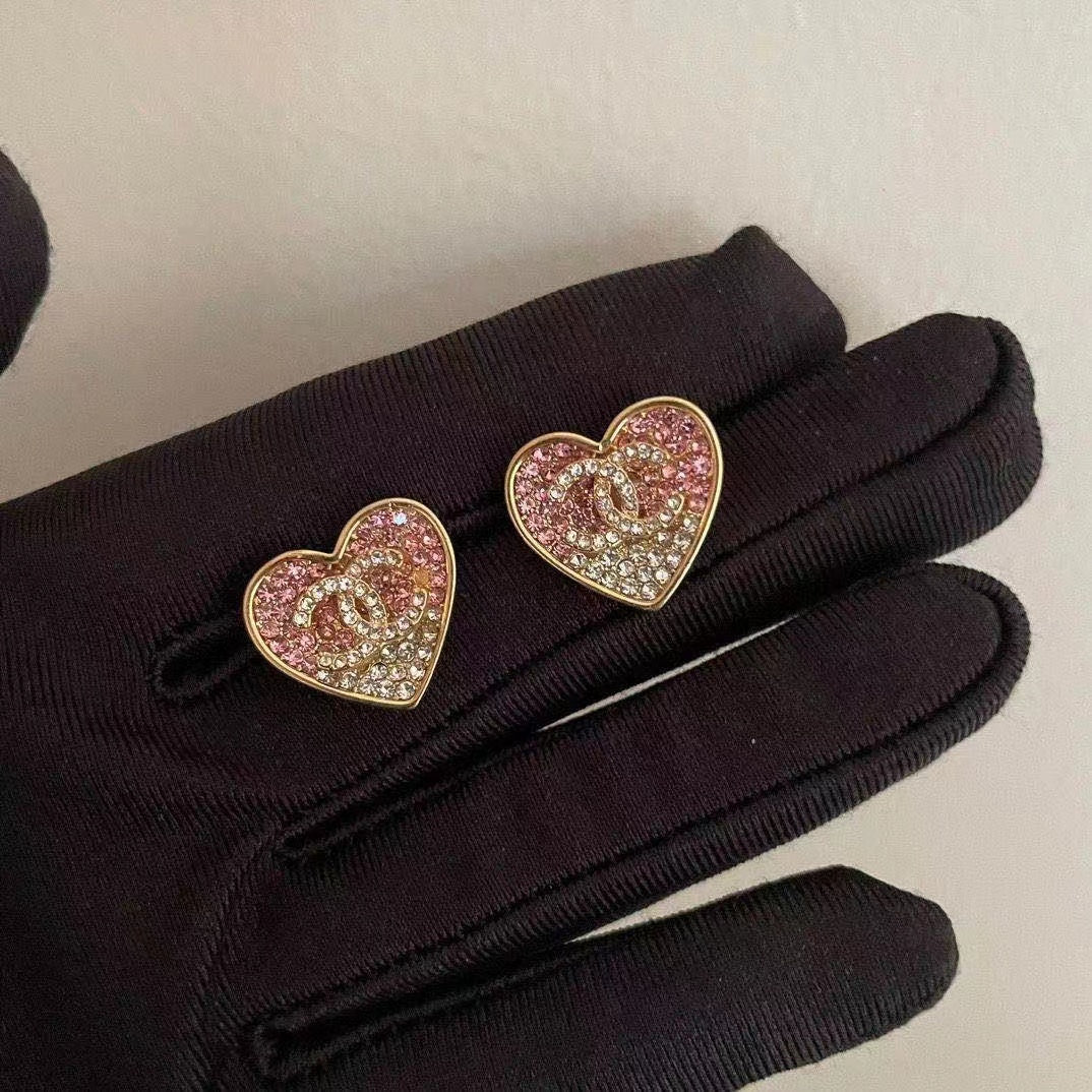 Chanel-Style Heart-Shaped Earrings with Pink and Gold Zirconia
