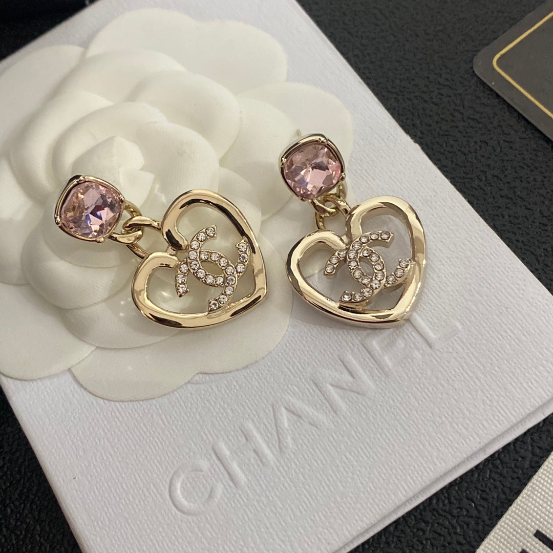 Chanel-Inspired Pink Crystal Heart Drop Earrings for a Romantic