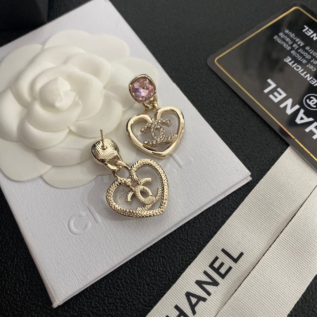 Chanel-style Pearl Logo and Pink Heart Pendant Earrings - High